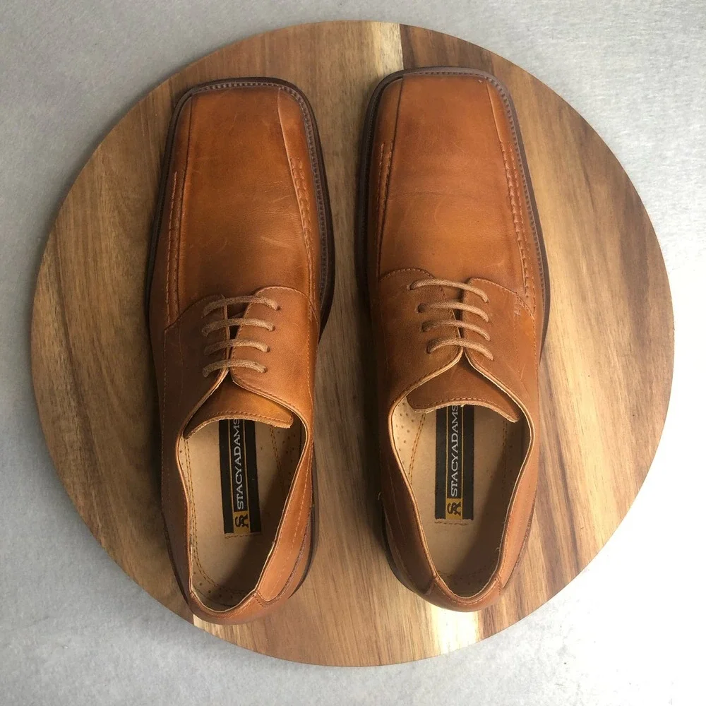 Stacy Adams Never Worn Mens Saddle Brown Lace Up Sq Toe Oxfords Size 8M 24101-03 - Picture 9 of 9